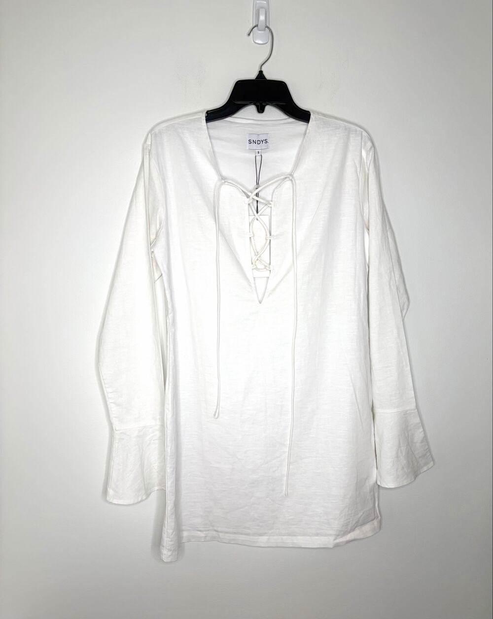 SNDYS Elaine Lace Up Mini Dress Sz S Cotton Linen Blend Beach Resort Coastal NWT